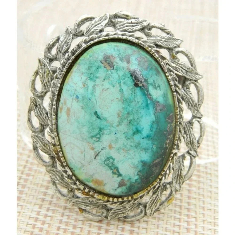 Blue Green Agate Stone Silver Tone Pin Brooch Pend